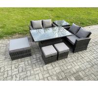 Fimous 7 Seater Wicker Rattan Garden Furniture Rising Table Set with Side Table 3 Footstool Double Seat Sofa Side Table Dark Grey Mixed