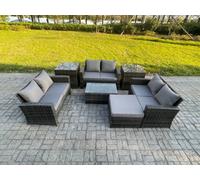 Fimous 7pc Rattan Sofa Garden Furniture Outdoor Patio Set with 2 Side Tables Big Footstool Double Seat Sofa Dark Grey Mixed