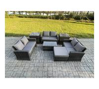 Fimous 7pc Rattan Sofa Garden Furniture Outdoor Patio Set with 2 Side Tables Big Footstool Double Seat Sofa Dark Grey Mixed