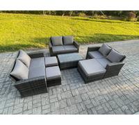 Fimous 7pc Rattan Sofa Garden Furniture Outdoor Patio Set with 3 Footstools Double Seat Sofa Dark Grey Mixed