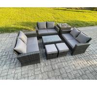 Fimous 7pc Rattan Sofa Garden Furniture Outdoor Patio Set with Side Table 2 Small Footstools Double Seat Sofa Dark Grey Mixed