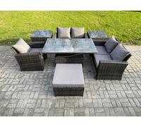 Fimous 7pcs Rattan Outdoor Garden Furniture Set Height Adjustable Rising Lifting Table Sofa Dining Set with 2 Side Tables Big Footstool in Dark Grey Fimous Dark Grey
