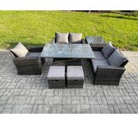 Fimous 7-Piece Rattan Garden Furniture Set - Dark Grey Mixed Outdoor Height Adjustable Dining Set with Side Table & 2 Small Footstools