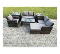 Fimous 7Pcs Rattan Outdoor Garden Furniture Sofa Set With Coffee Table 2 Side Tables Big Footstool Dark Grey Mixed