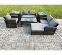 Fimous 7Pcs Rattan Outdoor Garden Furniture Sofa Set With Coffee Table 2 Side Tables Big Footstool Dark Grey Mixed