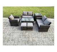 Fimous 7pcs Rattan Outdoor Garden Furniture Sofa Set with Coffee Table Side Table 2 Small Footstools Dark Grey Mixed