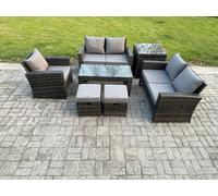 Fimous 7Pcs Rattan Outdoor Garden Furniture Sofa Set With Coffee Table Side Table 2 Small Footstools Dark Grey Mixed