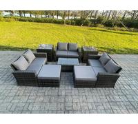 Fimous 8 pc Rattan Sofa Garden Furniture Outdoor Patio Set with 2 Side Tables 2 Big Footstool Love Seat Sofa Dark Grey Mixed