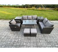 Fimous 8 Pcs Outdoor Lounge Sofa Set Wicker Pe Rattan Garden Furniture Set With Dining Table Armchair 2 Small Footstools