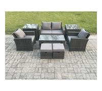 Fimous 8 PCS Outdoor Lounge Sofa Set Wicker PE Rattan Garden Furniture Set with Rectangular Coffee Table Armchair 2 Small Footstools Dark Grey Mixed