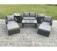 Fimous 8 PCS Outdoor Lounge Sofa Set Wicker PE Rattan Garden Furniture Set with Rectangular Coffee Table Armchair 2 Big Footstool 2 Side Tables Dark Grey Mixed Dark Grey
