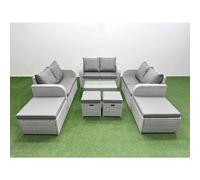 Fimous 8 PCs Rectangular Coffee Table Set Reclining Chair Inclining Sofa Love Sofa 2 Big Footstool 2 Small Stool Light Grey