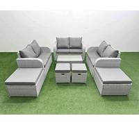 Fimous 8 PCs Rectangular Coffee Table Set Reclining Chair Inclining Sofa Love Sofa 2 Big Footstool 2 Small Stool Light Grey
