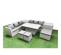 Fimous 8 Pcs Rising Dining Table Set Rattan Furniture Set With 3 Seater Sofa 3 Footstools 2 Side Tables Light Grey