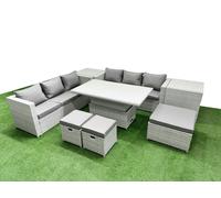 Fimous 8 PCs Rising Dining Table Set Rattan Furniture Set with 3 Seater Sofa 3 Footstools 2 Side Tables Light Grey
