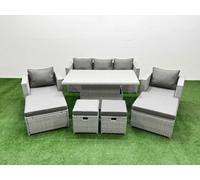 Fimous 8 Pcs Rising Dining Table Set Rattan Furniture Set With 3 Seater Sofa Chair 2 Big Footstools 2 Small Footstools Light Grey