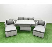Fimous 8 Pcs Rising Dining Table Set Rattan Furniture Set With 3 Seater Sofa Chair 2 Big Footstools 2 Side Tables Light Grey