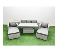 Fimous 8 Pcs Rising Dining Table Set Rattan Furniture Set With 3 Seater Sofa Chair 2 Big Footstools 2 Side Tables Light Grey