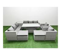 Fimous 8 Pcs Rising Dining Table Set Rattan Furniture Set With 3 Seater Sofa Chair 2 Big Footstools Side Table Light Grey