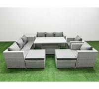 Fimous 8 PCs Rising Dining Table Set Rattan Furniture Set with 3 Seater Sofa Chair 2 Big Footstools Side Table Light Grey