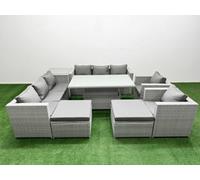 Fimous 8 Pcs Rising Dining Table Set Rattan Furniture Set With 3 Seater Sofa Chair 2 Big Footstools Side Table Light Grey