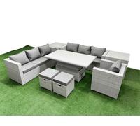 Fimous 8 PCs Rising Dining Table Set Rattan Furniture Set with 3 Seater Sofa Chair 2 Small Footstools 2 Side Tables Light Grey