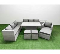 8 PCs Rising Dining Table Set Rattan Furniture Set with 3 Seater Sofa Fimous Light Grey One Size