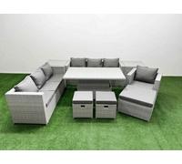 Fimous 8 Pcs Rising Dining Table Set Rattan Furniture Set With 3 Seater Sofa Chair 3 Footstools 2 Side Tables Light Grey
