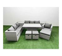 Fimous 8 Pcs Rising Dining Table Set Rattan Furniture Set With 3 Seater Sofa Chair 3 Footstools 2 Side Tables Light Grey