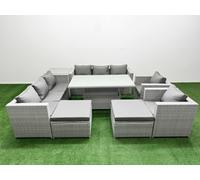 Fimous 8 PCs Rising Dining Table Set Rattan Furniture Set with 3 Seater Sofa in Light Grey Fimous Light Grey
