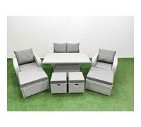 Fimous 8 Pcs Rising Dining Table Set Reclining Chair Inclining Love Sofa Seat 2 Big Footstool 2 Small Stool Light Grey
