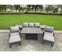 Fimous 8-Piece Aluminium Garden Furniture 7 Seater Outdoor Sofa Set w/ Adjustable Rising Lifting Dining Table 2 Chairs 2 Big Footstools 2 Side Tables