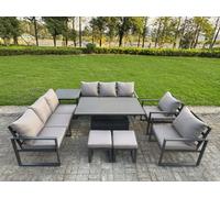 Fimous 8 Piece Garden Furniture Set 10-Seater Aluminium With Adjustable Rising Lifting Dining Table & Cushions Dark Grey