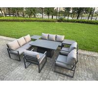 Fimous 8 Piece Garden Furniture Set 9-Seater Aluminium Outdoor Dining Set with Adjustable Rising Lifting Dining Table & Cushions 2 Side Tables 3 Chair
