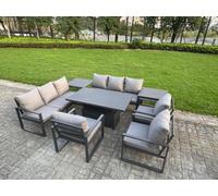 Fimous 8 Piece Garden Furniture Set 9-Seater Aluminium With Adjustable Rising Lifting Dining Table & Cushions Side Tables 3 Chairs