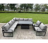 Fimous 8 Piece L-Shaped 9-Seater Aluminium Outdoor Dining Set With Adjustable Rising Lifting Dining Table 2 Chairs Dark Grey