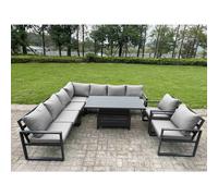 Fimous 8 Piece L-Shaped 9-Seater Aluminium Outdoor Dining Set With Adjustable Rising Lifting Dining Table 2 Chairs Dark Grey