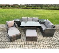 Fimous 8 Piece Rattan Garden Furniture Set with Patio Sofa Rectangular Dining Table 2 Side Tables 2 Big Footstool Indoor Conservatory Patio Set Fimous Dark Grey