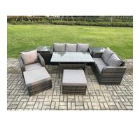 Fimous 8 Piece Rattan Garden Furniture Set with Patio Sofa Rectangular Dining Table 2 Side Tables 2 Big Footstool Indoor Conservatory Patio Set