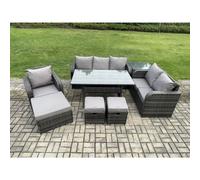 Fimous 8 Piece Rattan Garden Furniture Set with Patio Sofa Rectangular Dining Table Side Table 3 Small Footstools Indoor Conservatory Patio Set