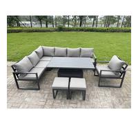 Fimous 8 Pieces Aluminium Garden Furniture Sets with Adjustable Rising Lifting Dining Table,2 Small Footstools 9 Seater Corner Sofa Set Dark Grey