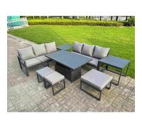 Fimous 8 Seater Aluminium Garden Furniture Set with Adjustable Rising Dining Table, 2 Sofas, 2 Side Tables, 3 Footstools - Dark Grey