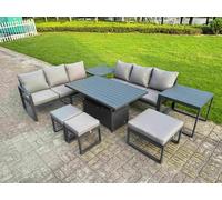 Fimous 8 Pieces Garden Furniture Set Aluminium Adjustable Rising Lifting Dining Table and Sofa Set with 2 Side Tables 3 Footstools Dark Grey