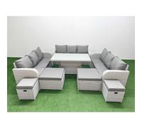 Fimous 8 Pieces Garden Rising Dining Table High Back Inclining Sofa Set 2 Big Footstool 2 Small Stool Light Grey