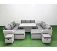 Fimous 8 Pieces Garden Rising Dining Table High Back Inclining Sofa Set 2 Big Footstool 2 Small Stool 2 Side Table Light Grey