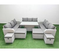 Fimous 8 Pieces Garden Rising Dining Table High Back Inclining Sofa Set 2 Big Footstool 2 Small Stool Light Grey
