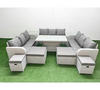 Fimous 8 Pieces Garden Rising Dining Table High Back Inclining Sofa Set 2 Big Footstool 2 Small Stool 1 Side Table Light Grey