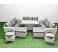 Fimous 8 Pieces Garden Rising Dining Table High Back Inclining Sofa Set 2 Big Footstool 2 Small Stool 1 Side Table Light Grey