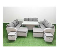 Fimous 8 Pieces Garden Rising Dining Table High Back Inclining Sofa Set 2 Big Footstool 2 Small Stool 1 Side Table Light Grey