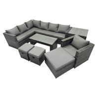Fimous 8 Pieces Outdoor PE Rattan Garden Furniture Corner Sofa Oblong Coffee Table Set with Cushions 3 Footstools Side Table Dark Grey Mixed